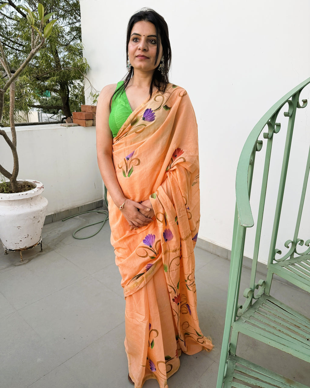 peach chanderi cotton handpaint saree front view