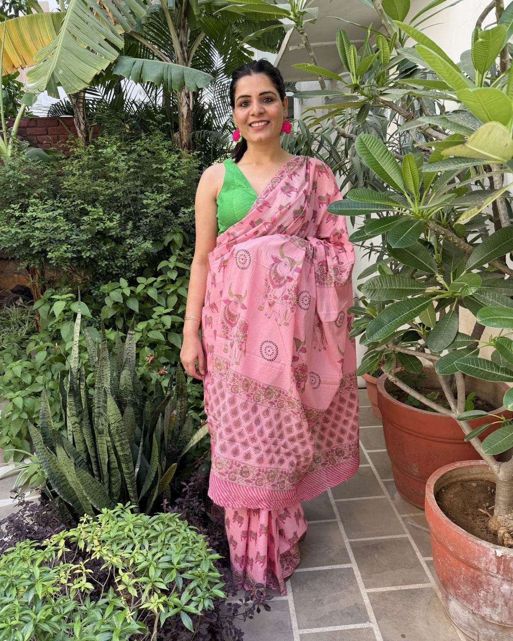 full front drape pink mul cotton saree with cow print