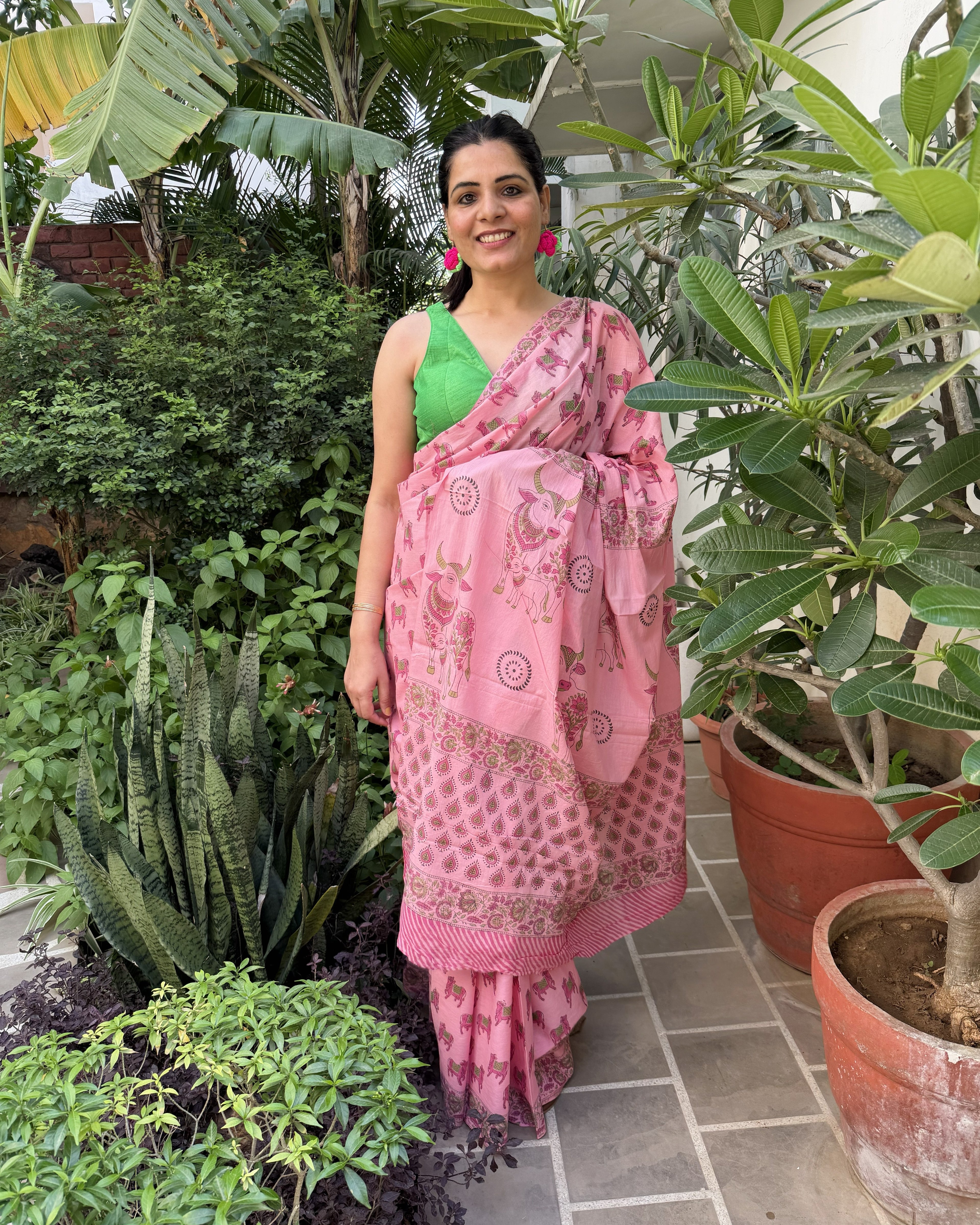 full front drape pink mul cotton saree with cow print