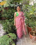 pink cow print mul cotton saree front view