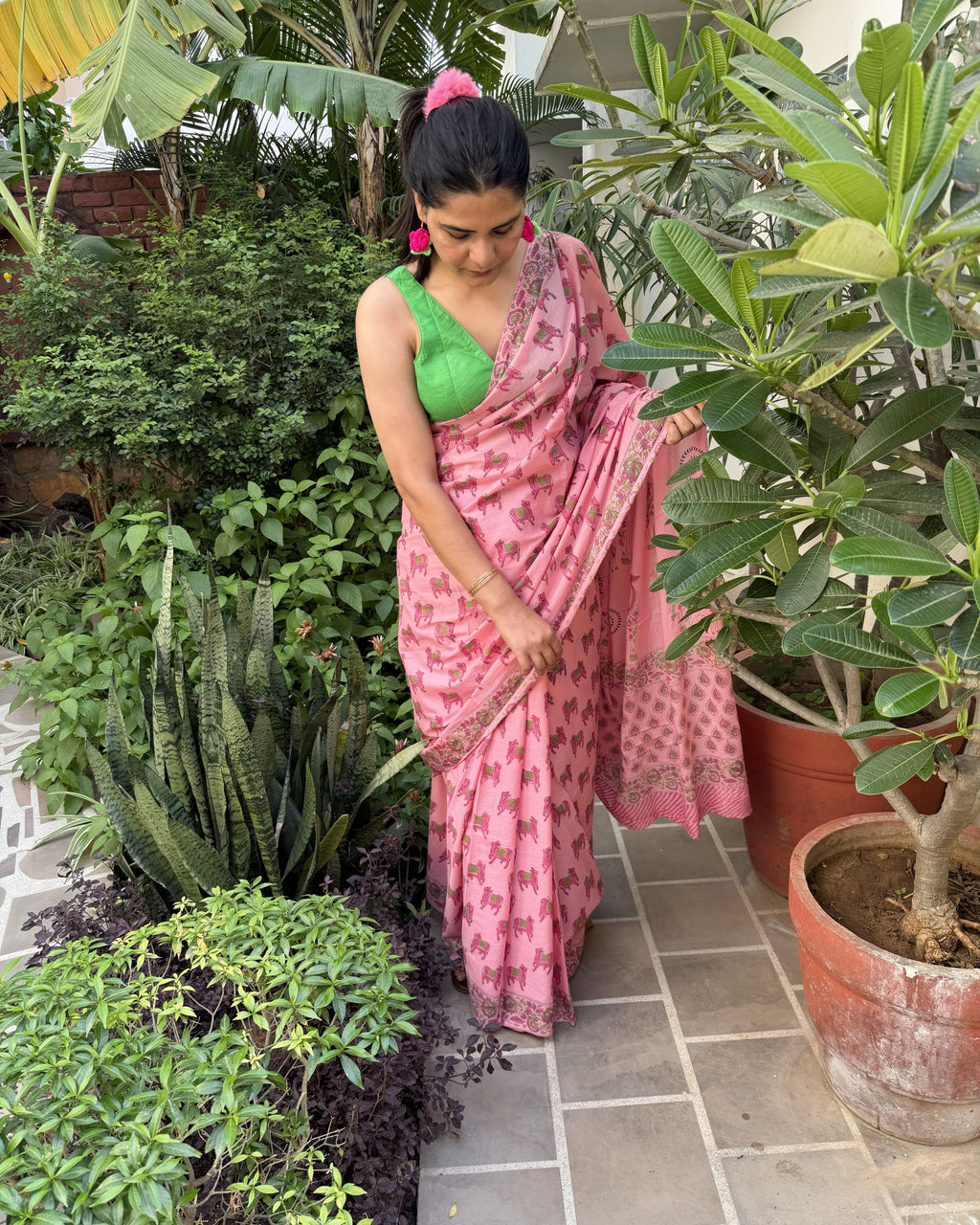 side view pink mul cotton saree cow print drape