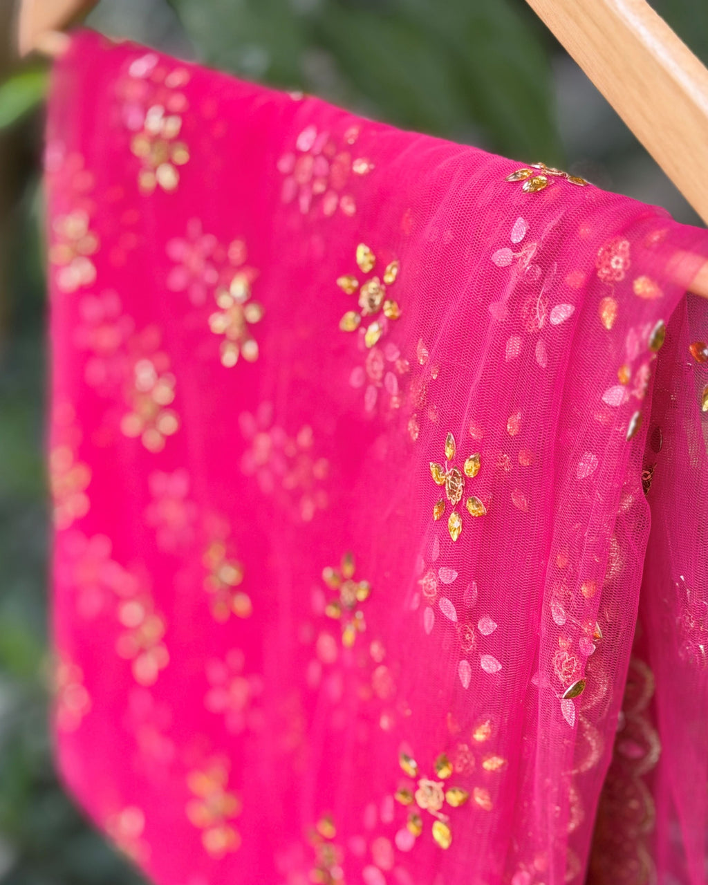 Golden floral embellished pink net dupatta for festive wear