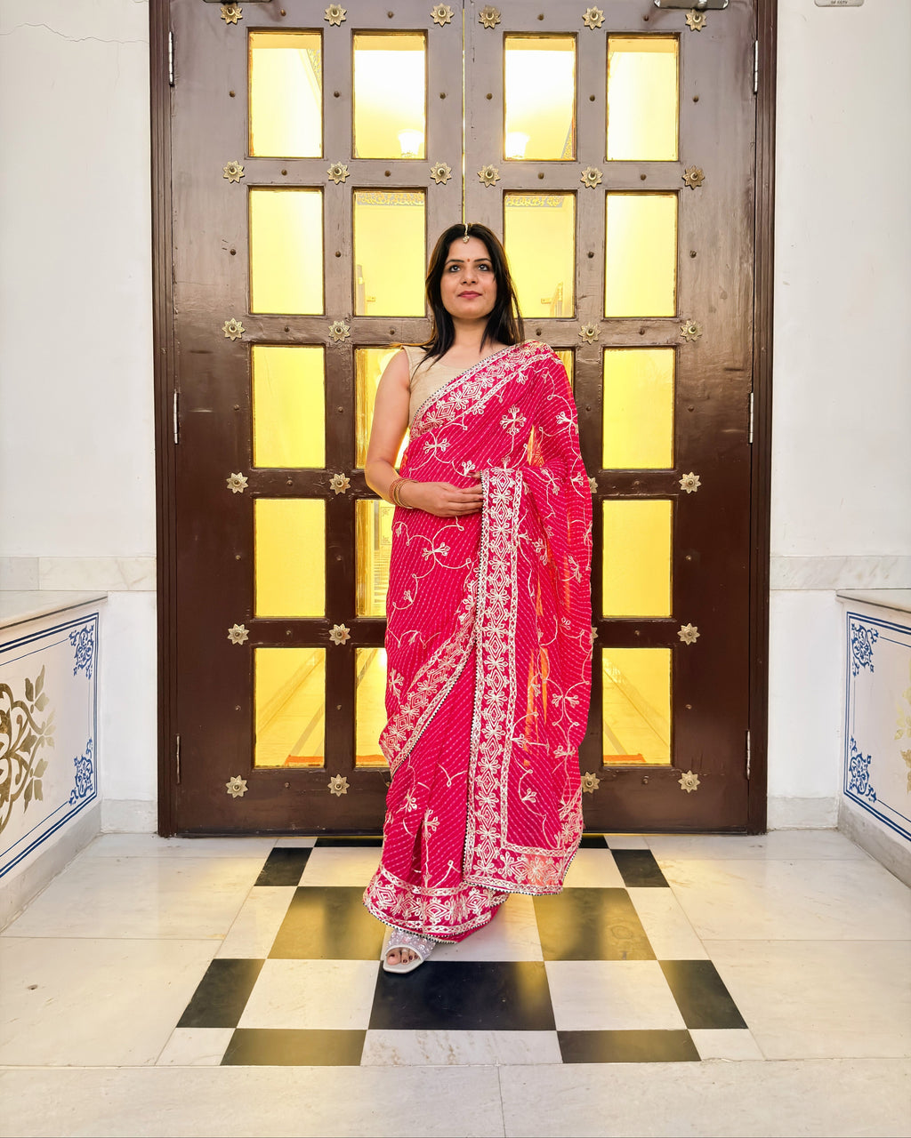 Pink pure georgette Lehariya saree drape with Gotta Patti work
