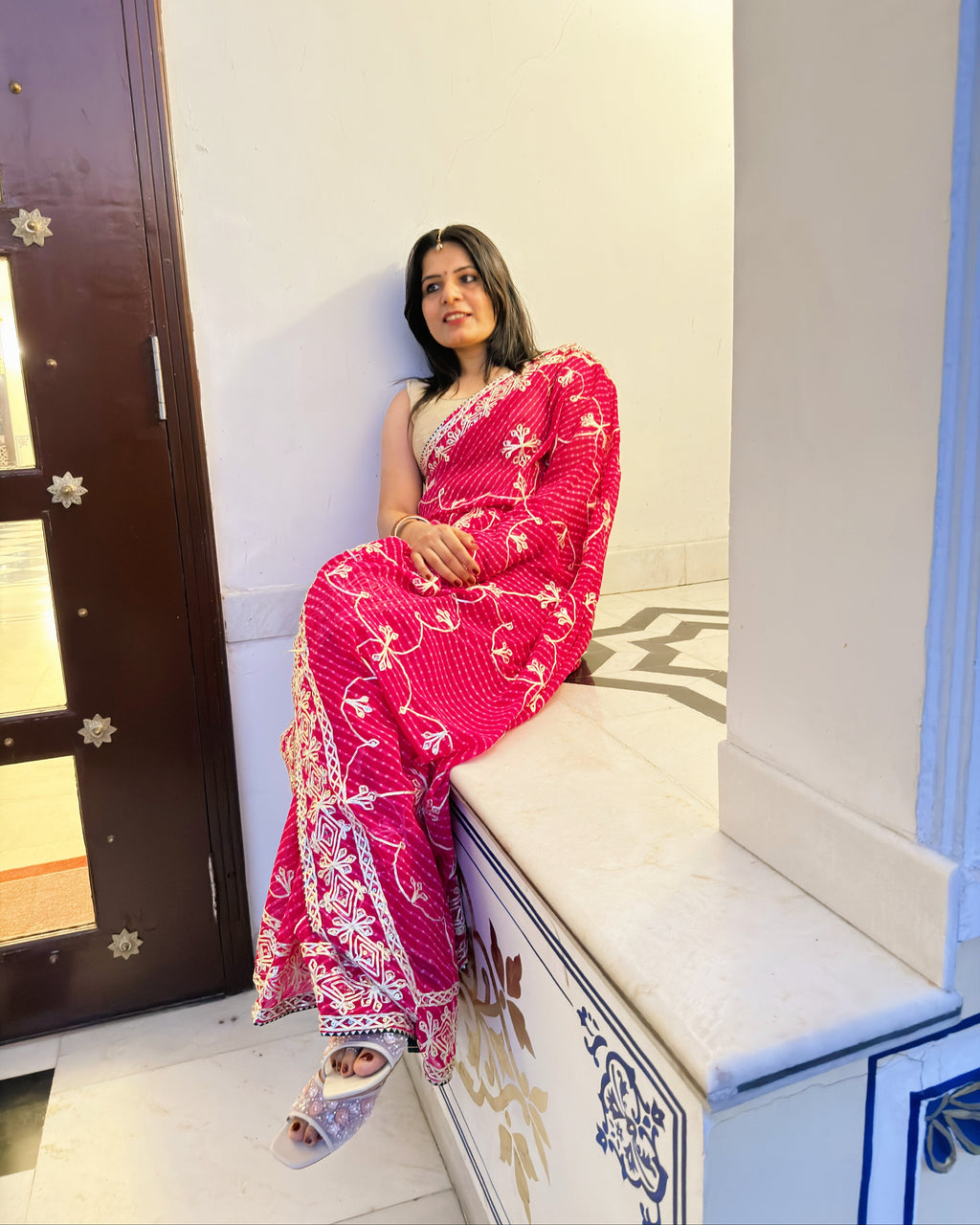 Pink pure georgette traditional saree with Lehariya print and Gotta Patti rajasthani work