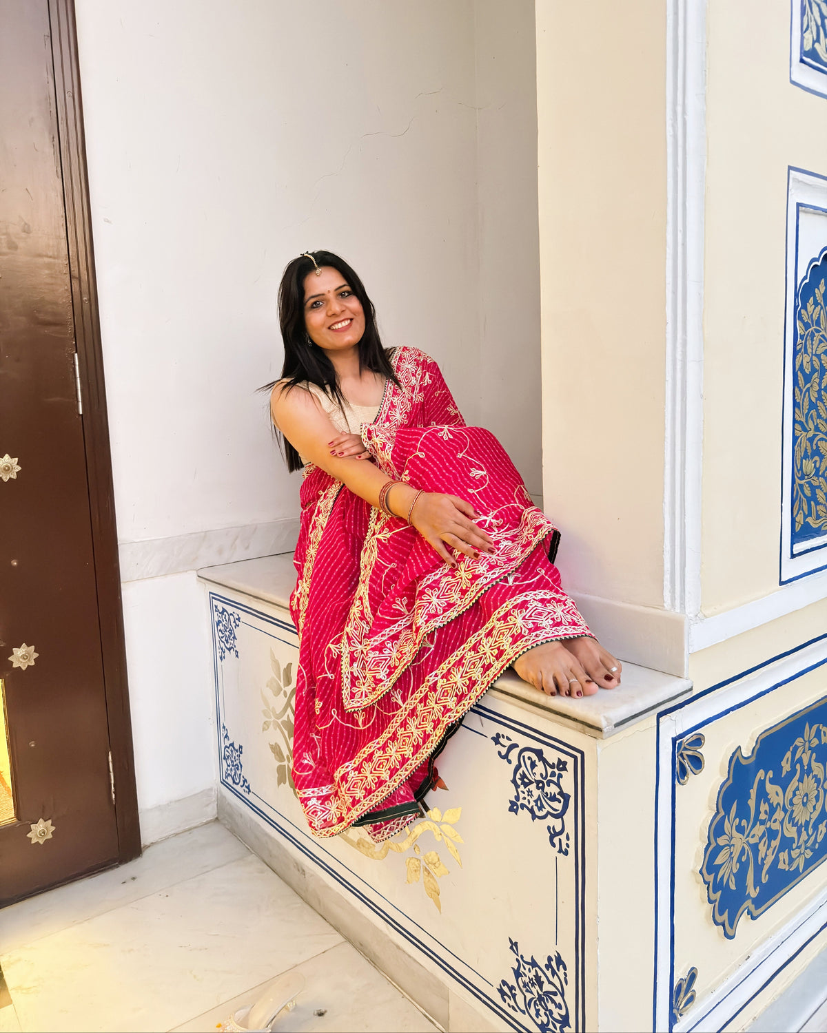 Pink pure georgette Lehariya saree with Gotta Patti Jaal bridal look