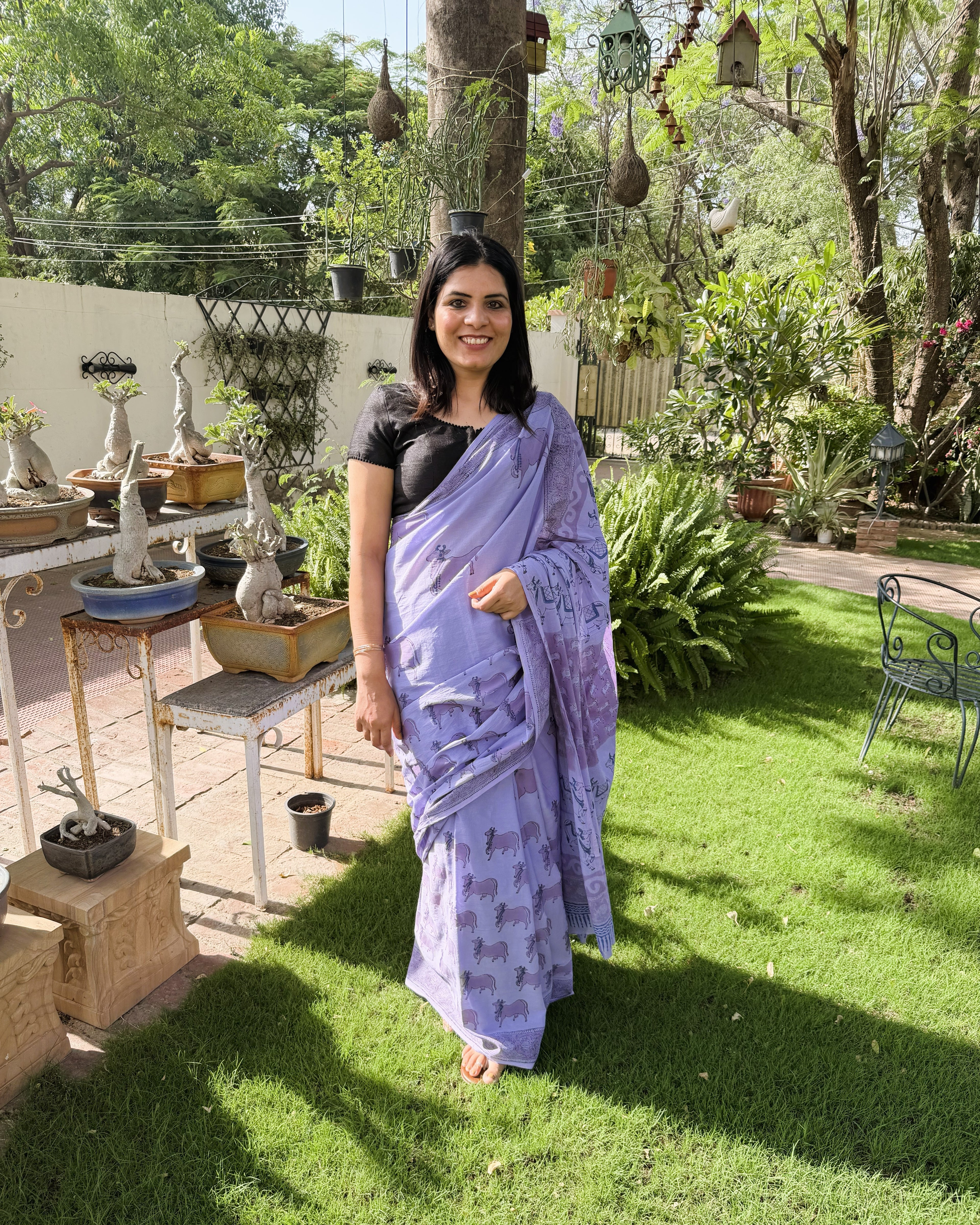 purple cow print mul cotton saree front view