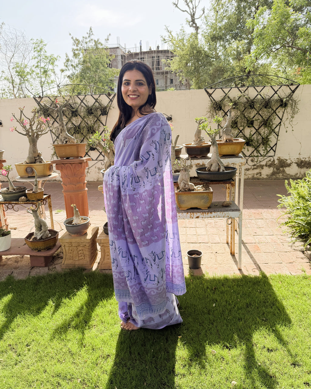 side view purple mul cotton saree cow print drape