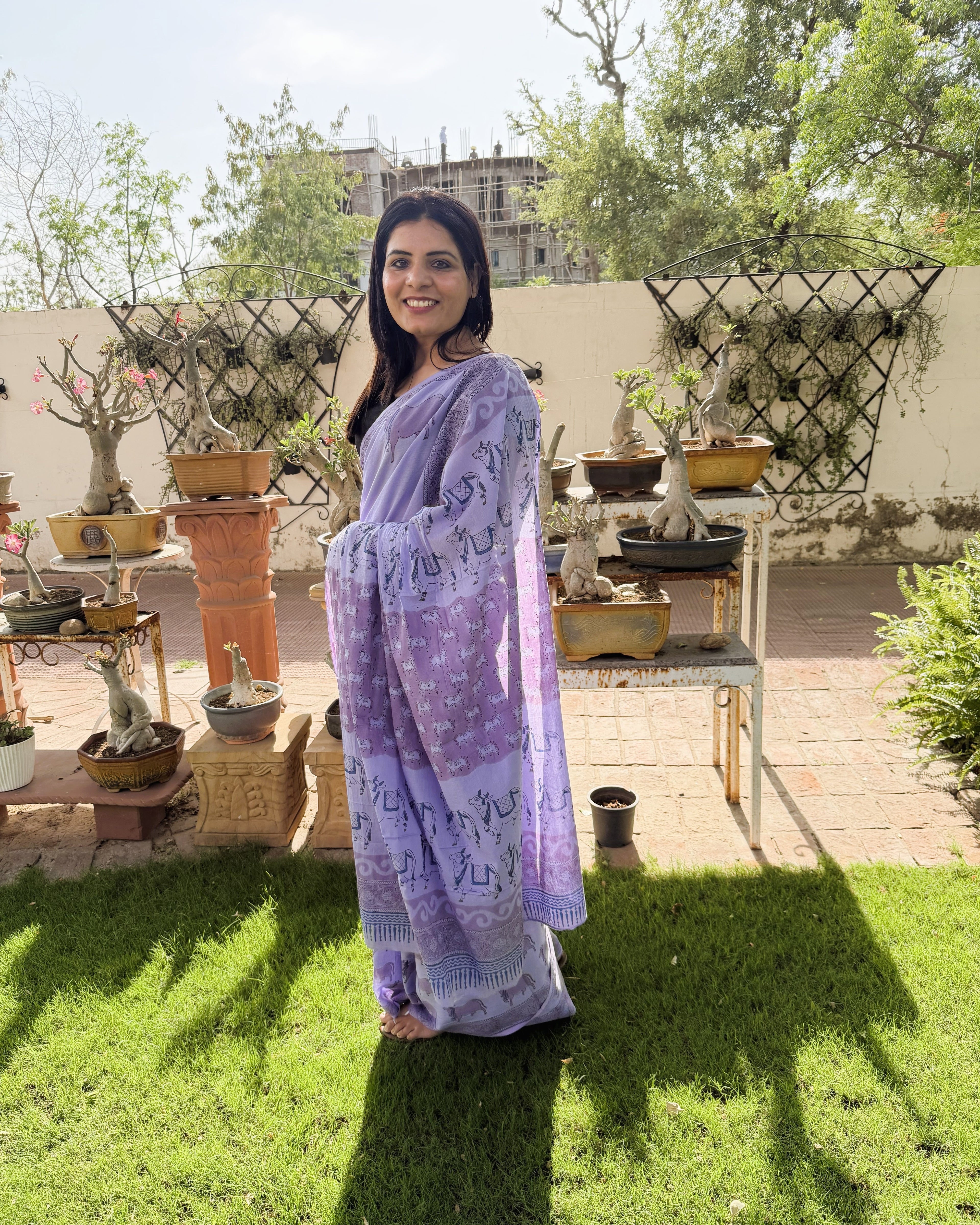 side view purple mul cotton saree cow print drape