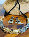 Rajwada dual tone gold and brass choker necklace set with jhumka earrings displayed on a wooden jewellery stand