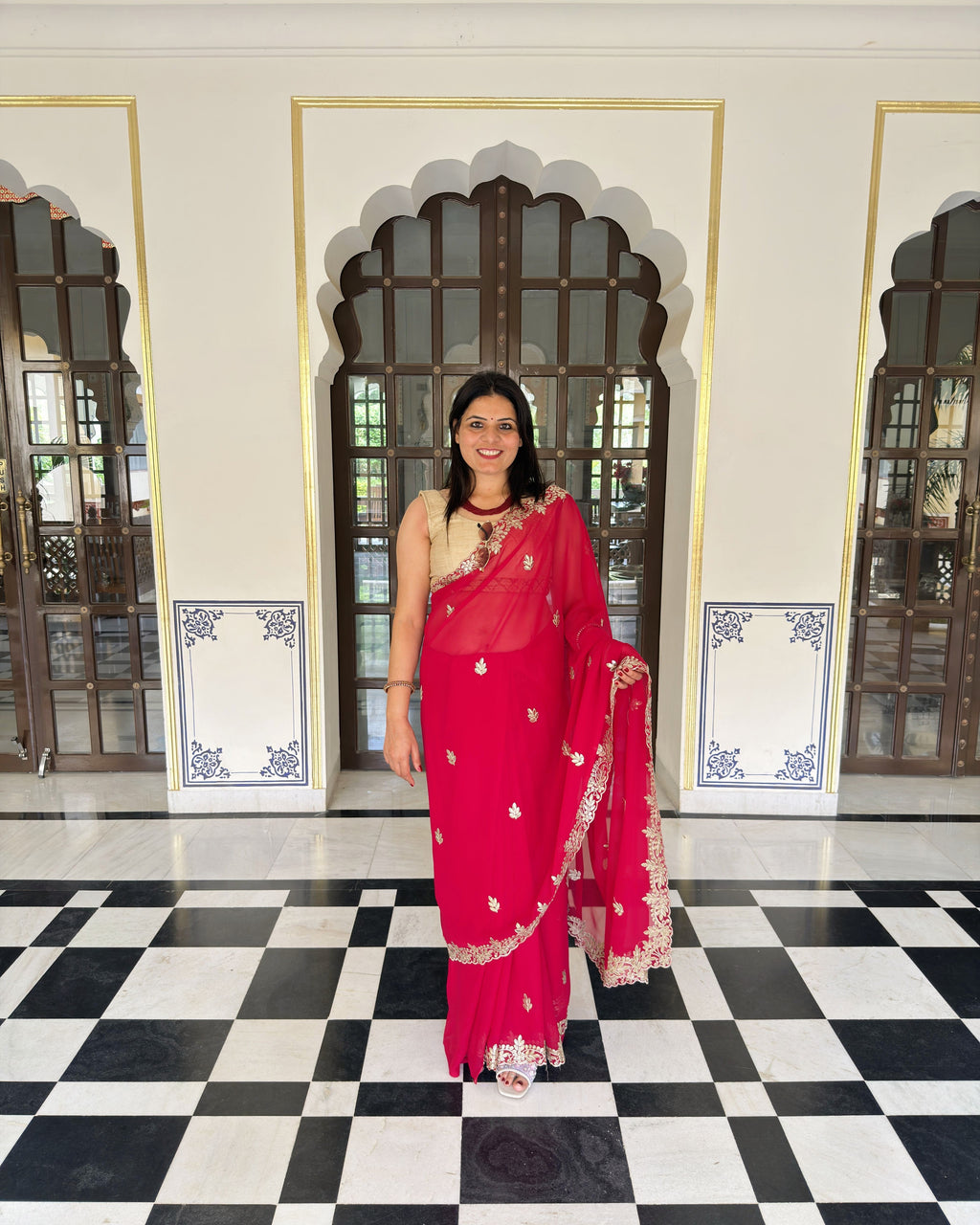 Rani red Gotta Patti saree for weddings and festive occasions