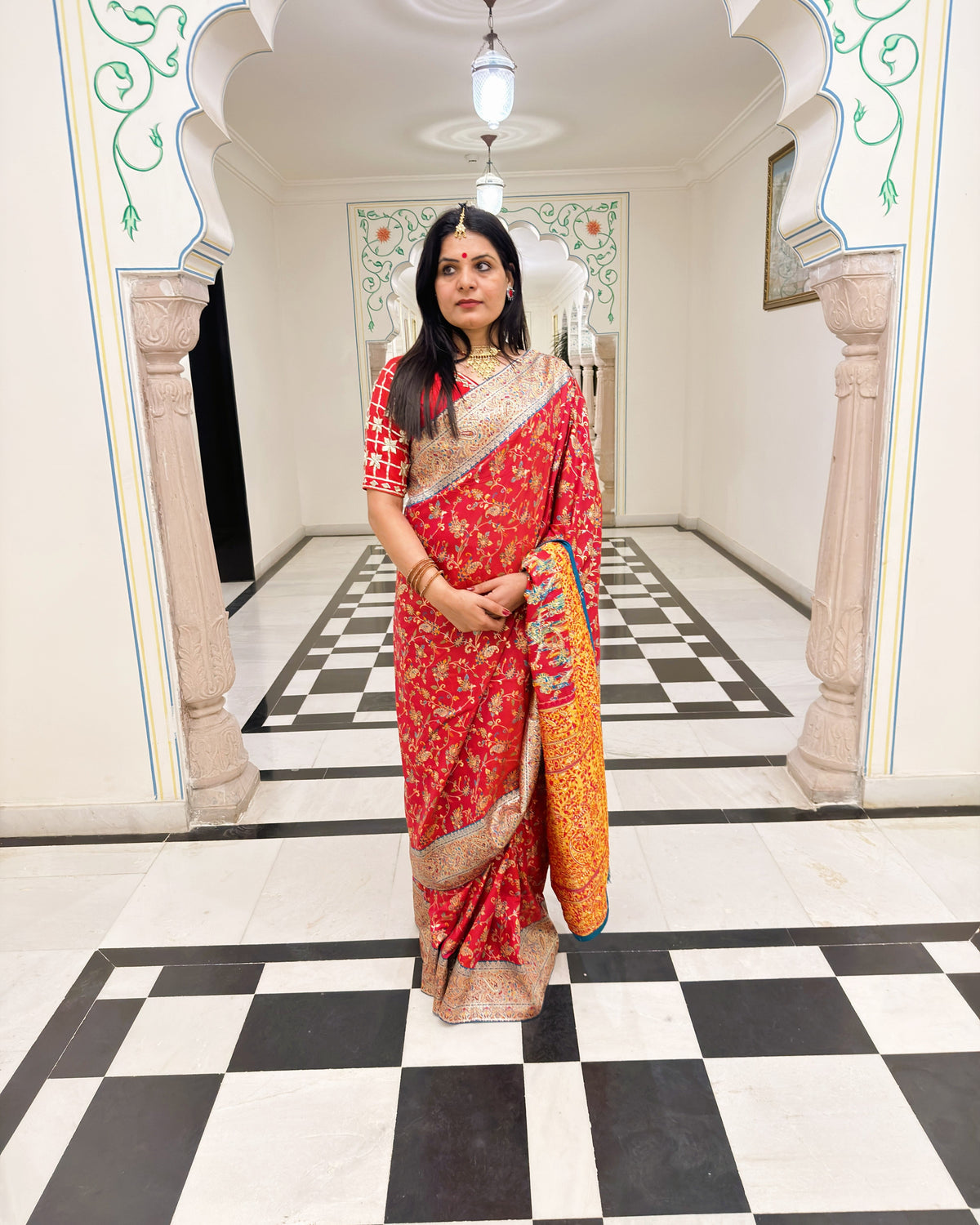 Raven Red handloom saree with traditional Kashmiri Jamewar design