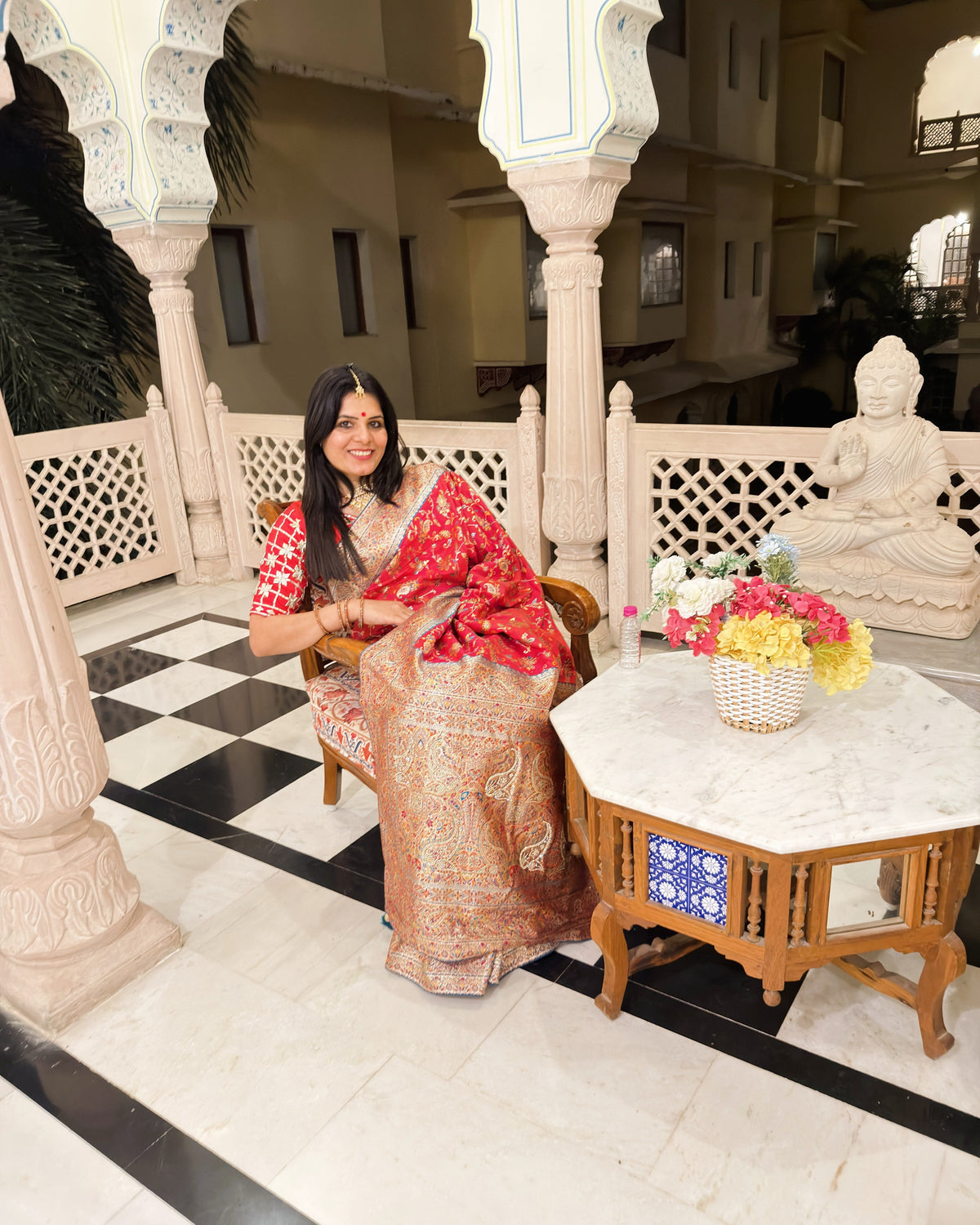 Raven Red Jamewar saree with intricate multicolor paisley motifs
