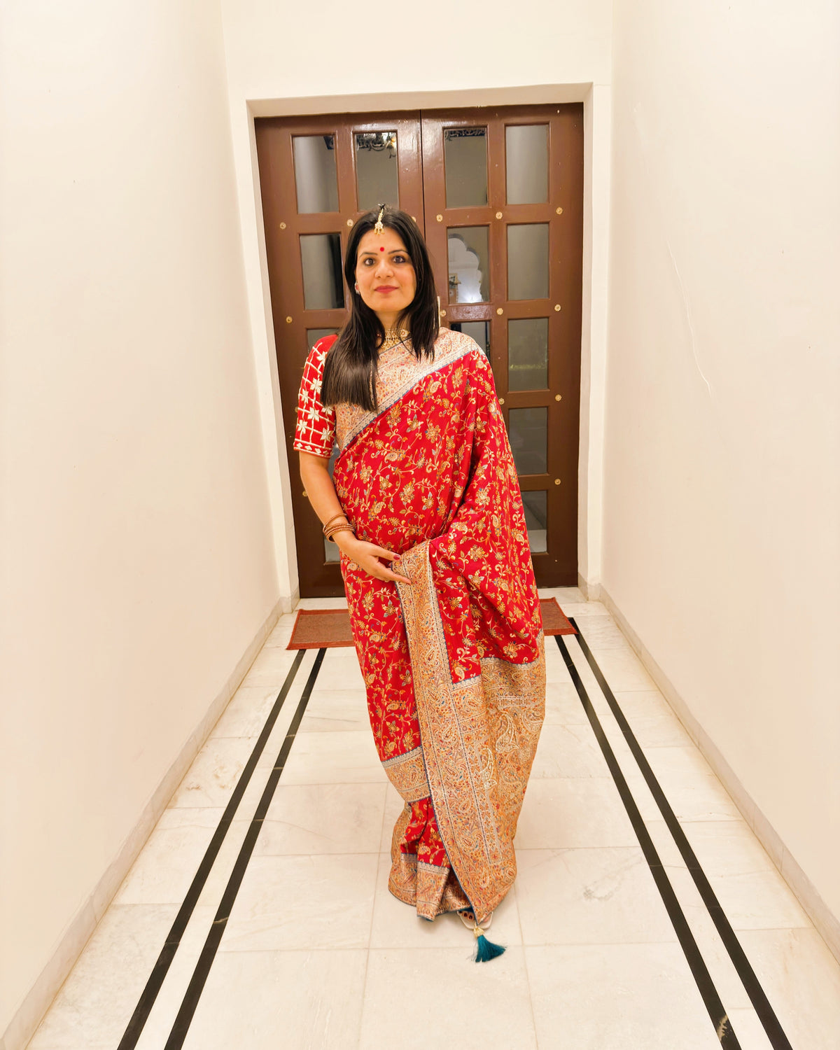 Raven Red Kashmiri Handloom Jamewar saree with intricate multicolor paisley and floral motifs