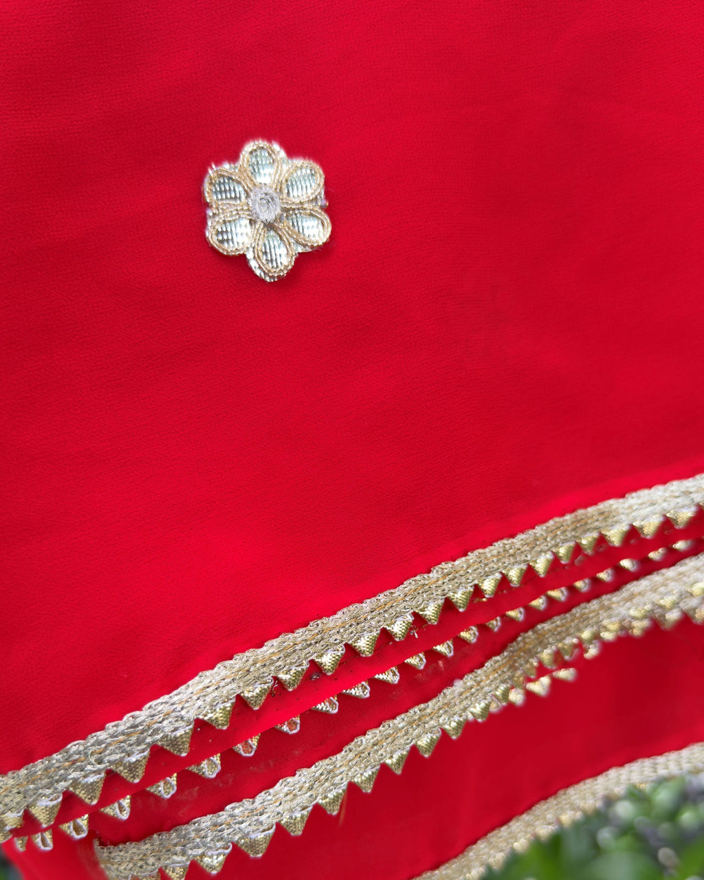 Red embellished georgette dupatta with gold detailing