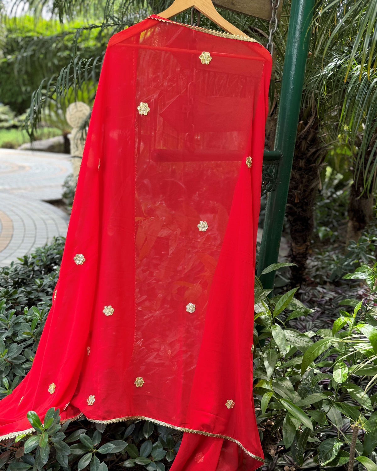 Red georgette dupatta with decorative gold-toned border