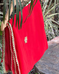 Red georgette dupatta with floral embellishments and gold border