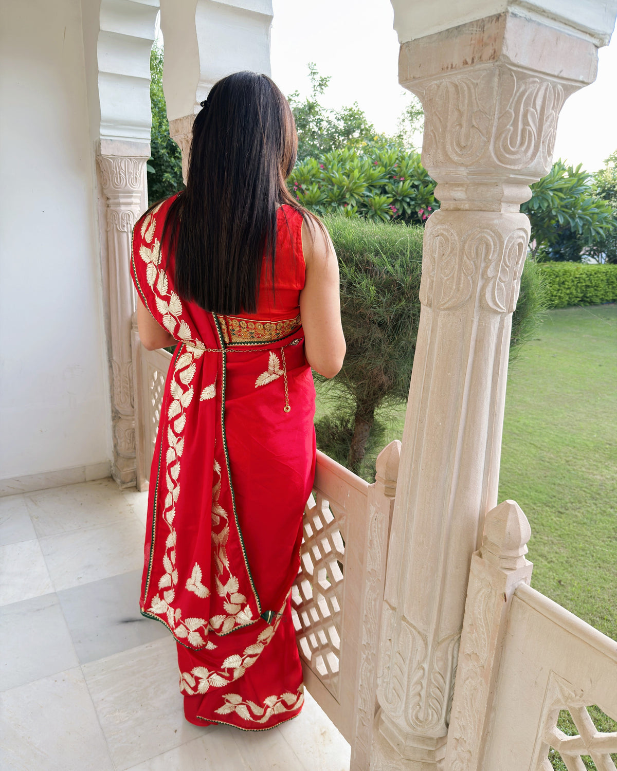 Red Gotta Patti saree for weddings and festive occasions