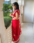 Red Chinnon Silk saree with embellished Gotta Patti border