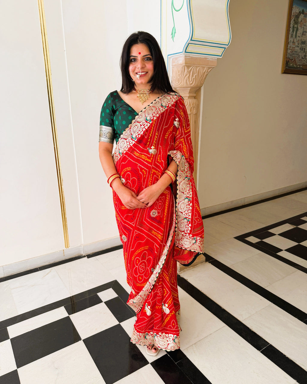Full view of red Bandhani saree with heavy Gotta Patti work