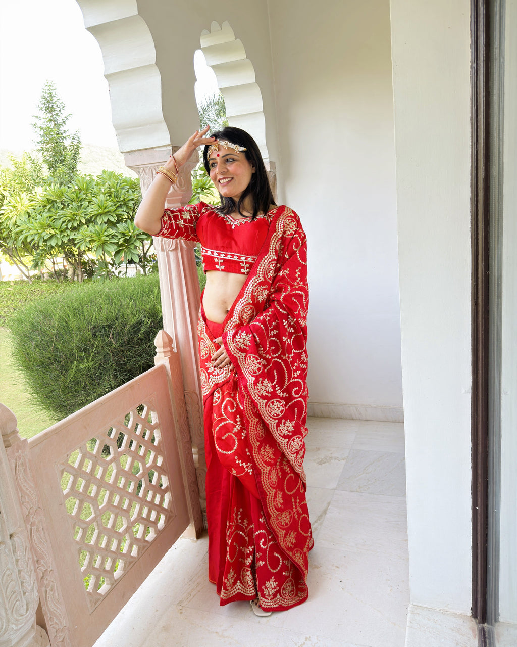 Red HO Silk Gotta Patti saree for festive and wedding occasions