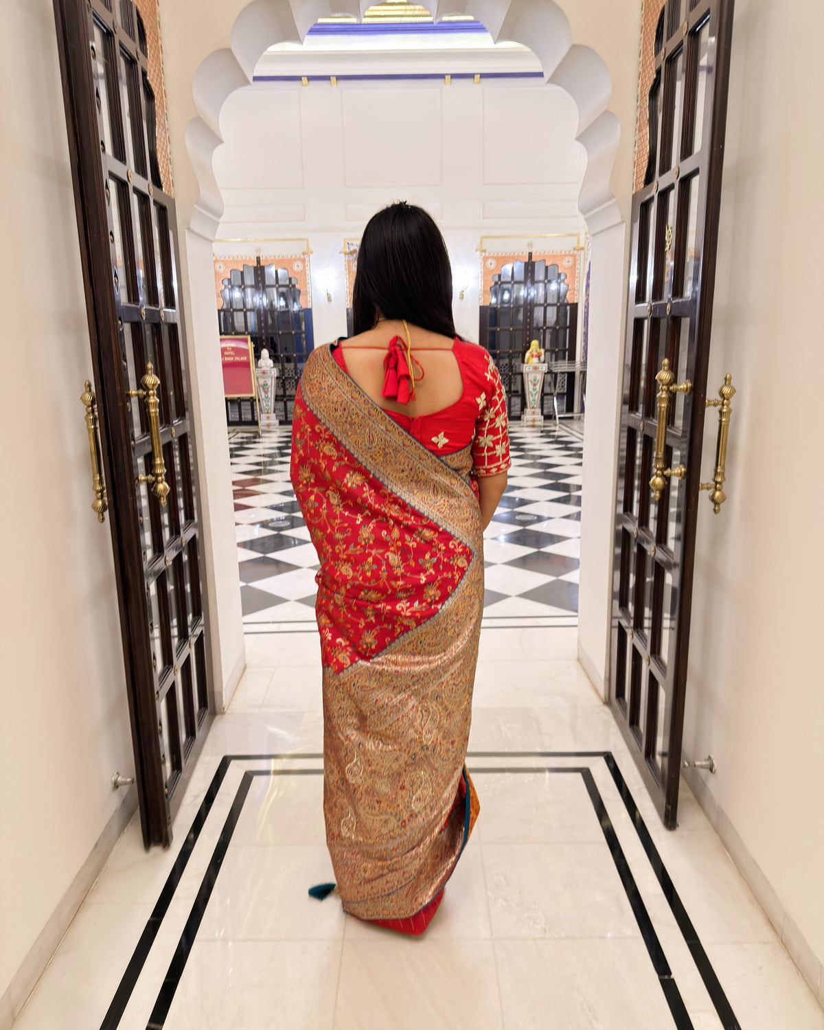 Raven Red Kashmiri Jamewar saree for weddings and festive occasions