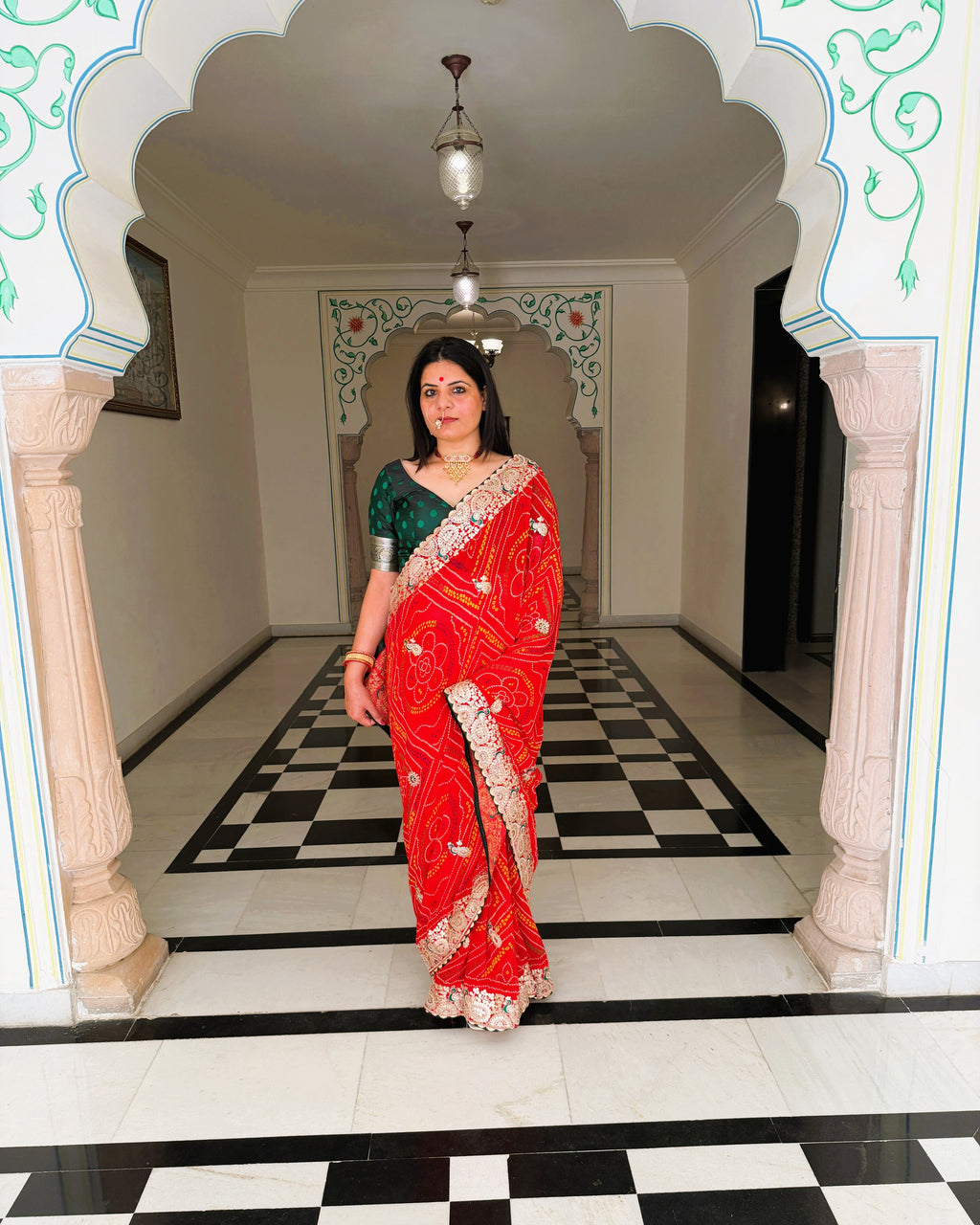 Red pure georgette Bandhani saree with heavy Gotta Patti work