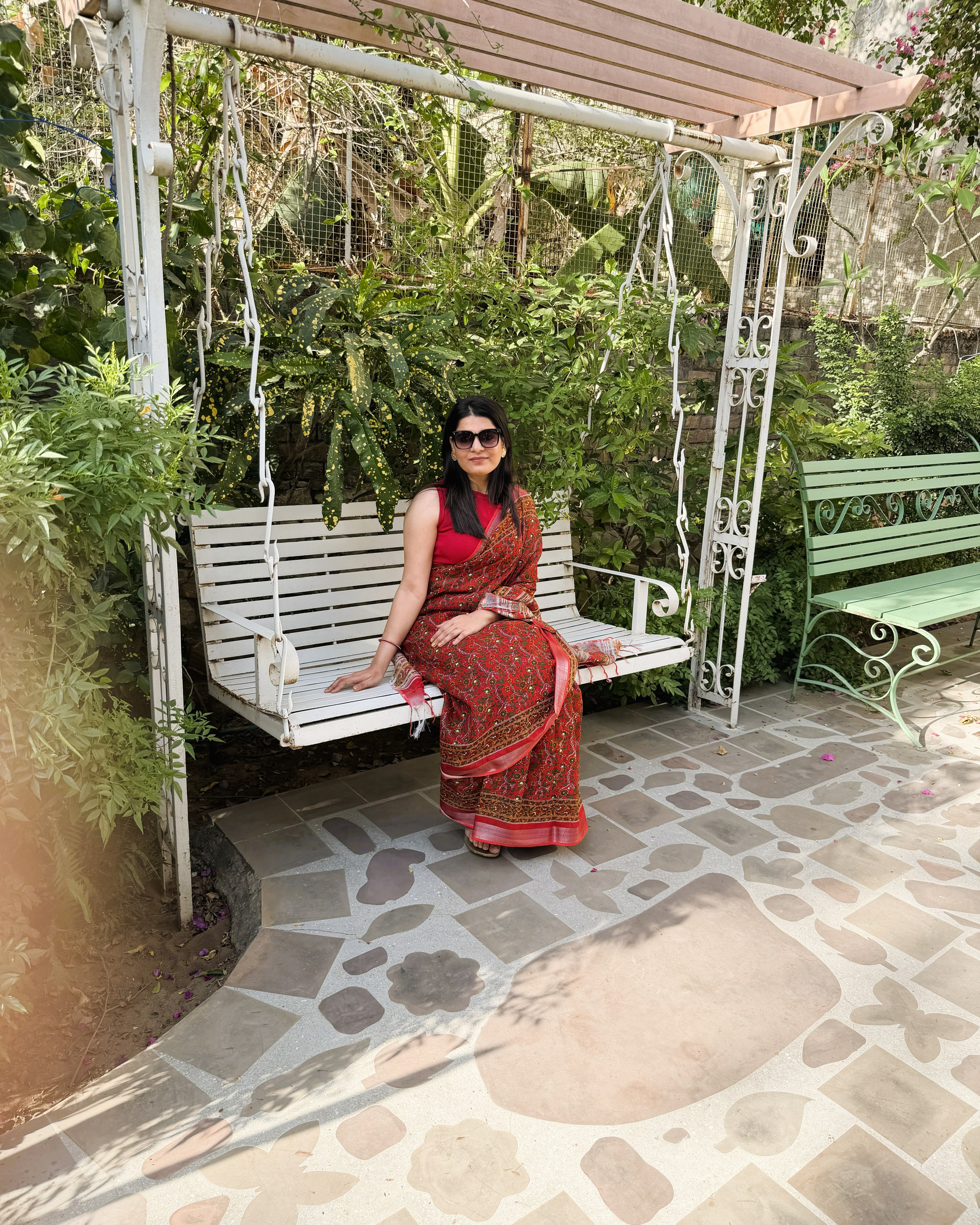 full front drape red linen saree sanganeri print
