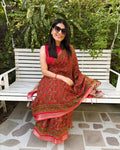 red sanganeri print linen saree front view