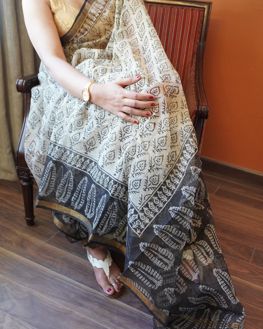 Versalia beige Kota Doria saree belowneck