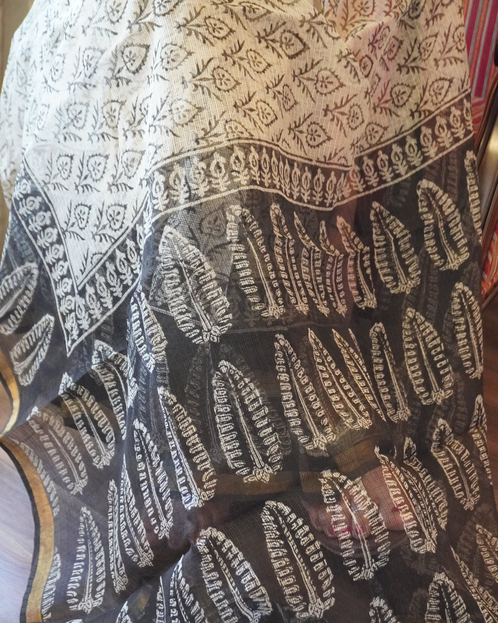 Versalia beige Kota Doria saree fabric texture detail