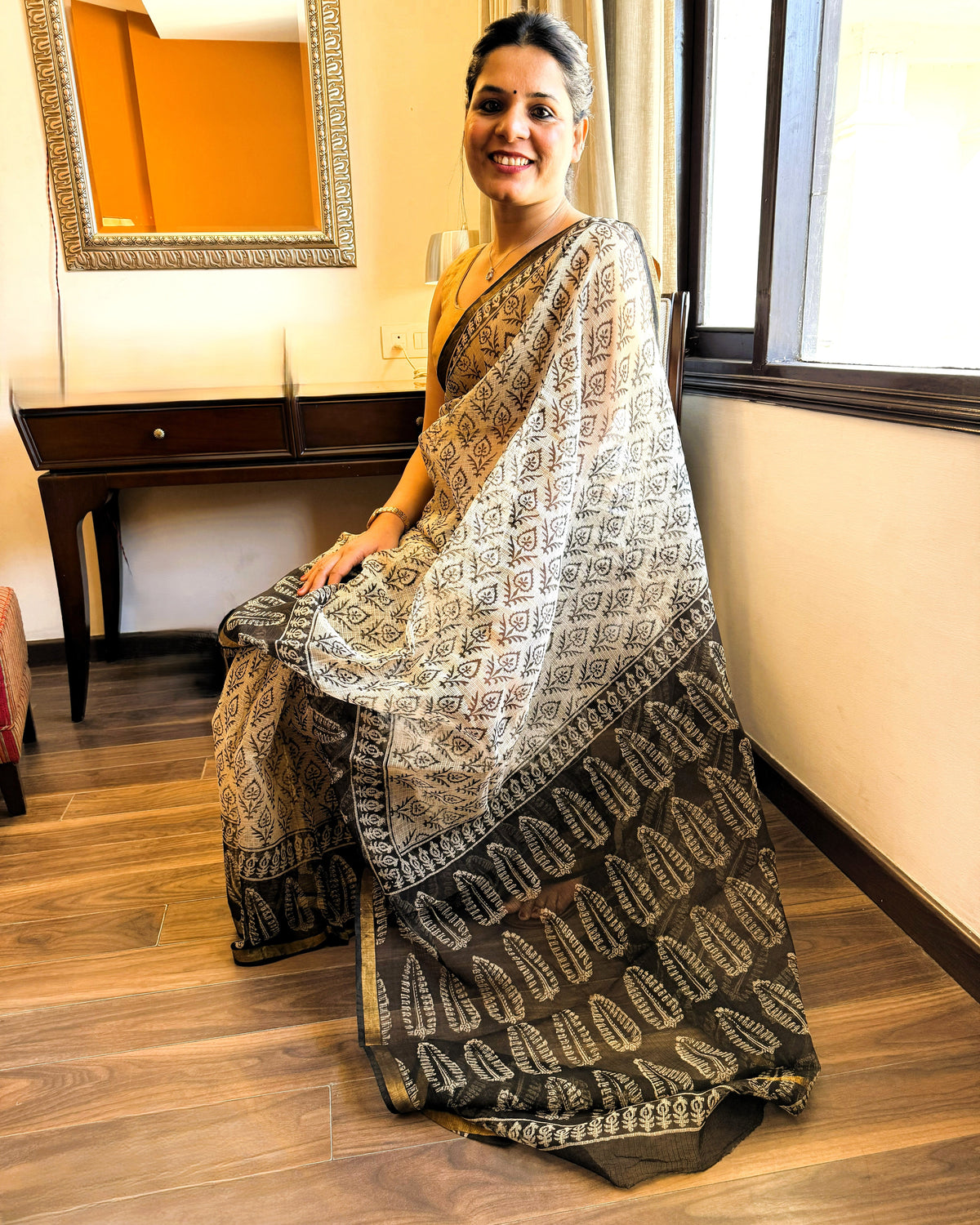 Versalia beige Kota Doria saree front view