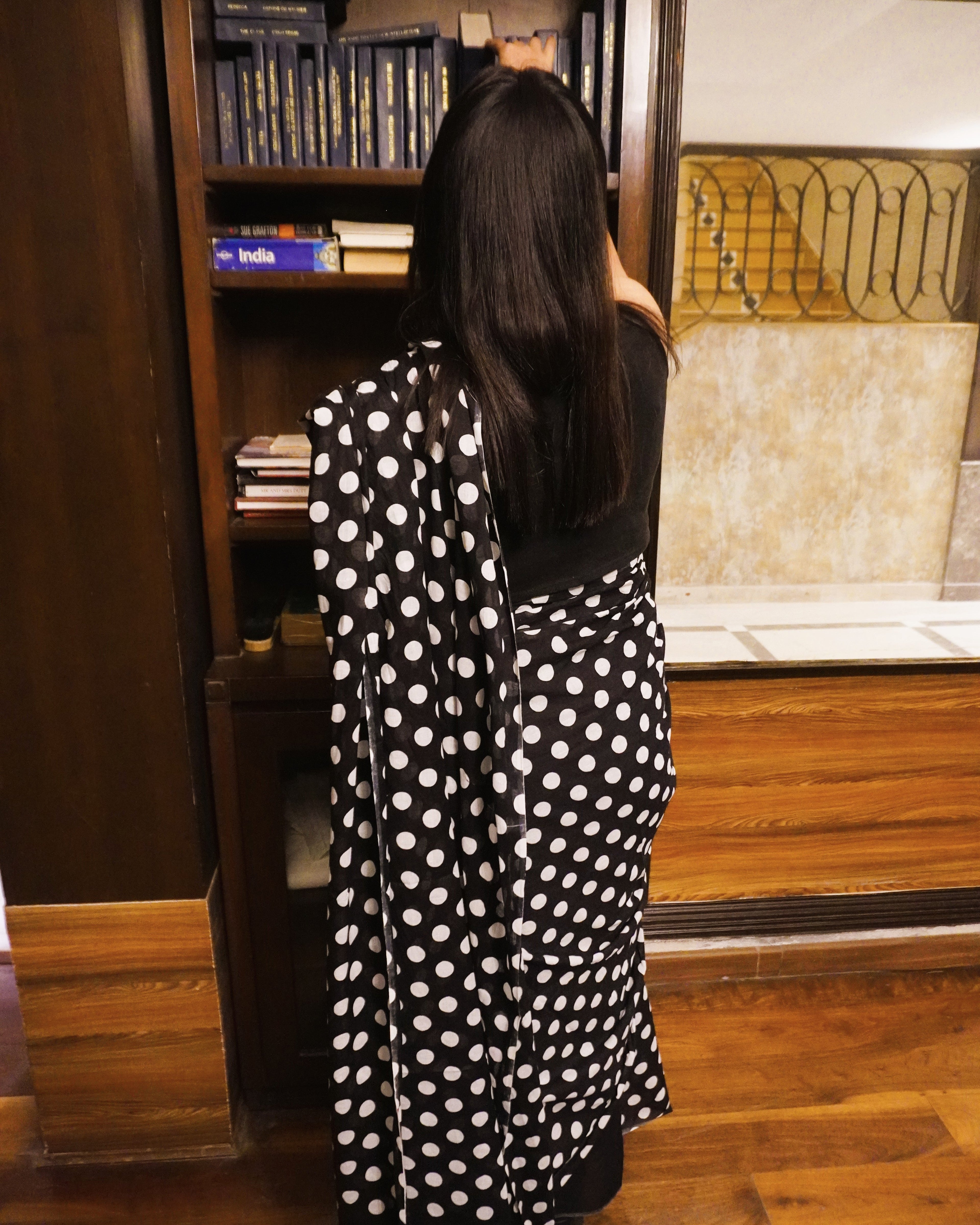Versalia black and white polka dot mul cotton saree back view