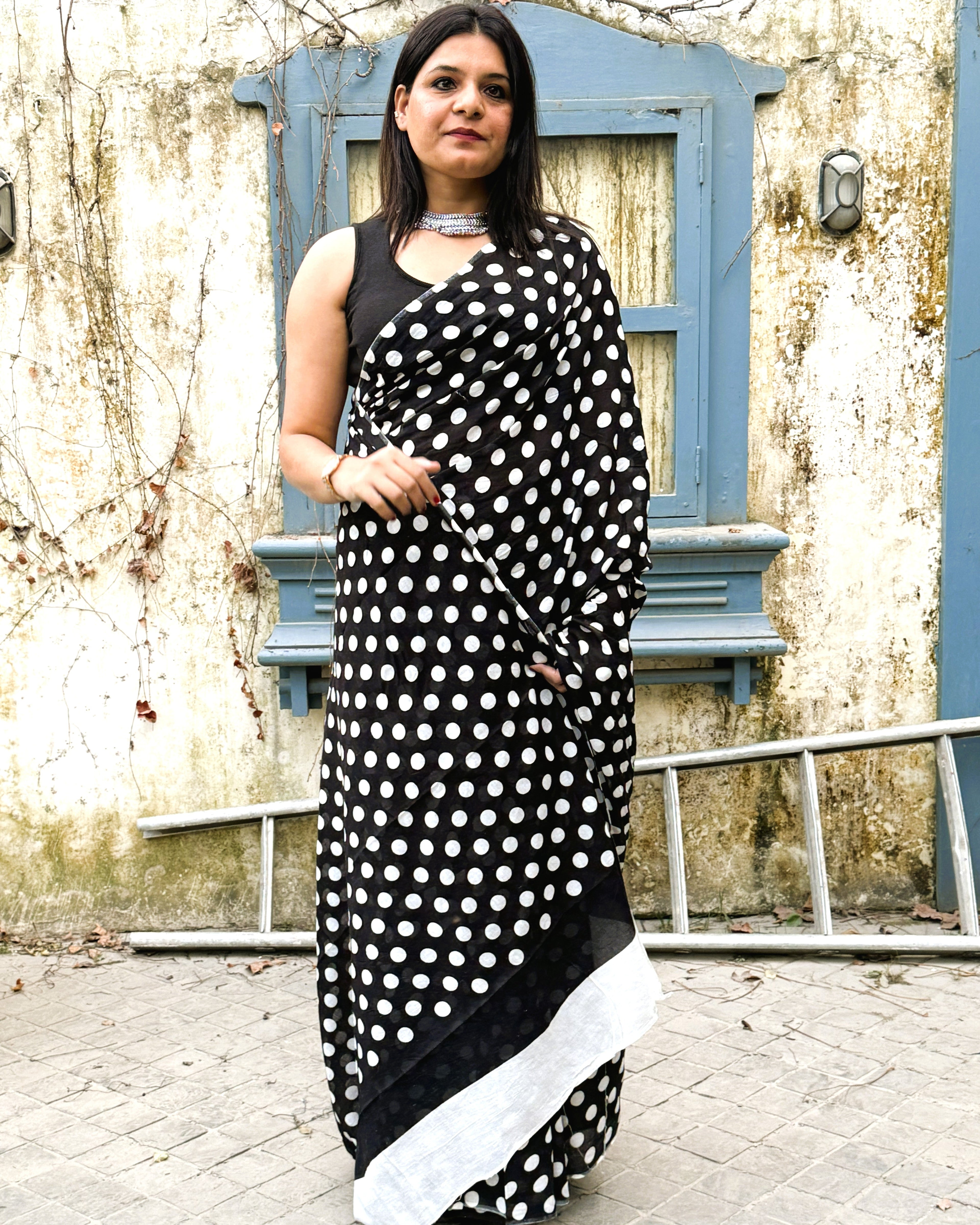 Versalia black and white polka dot mul cotton saree front view