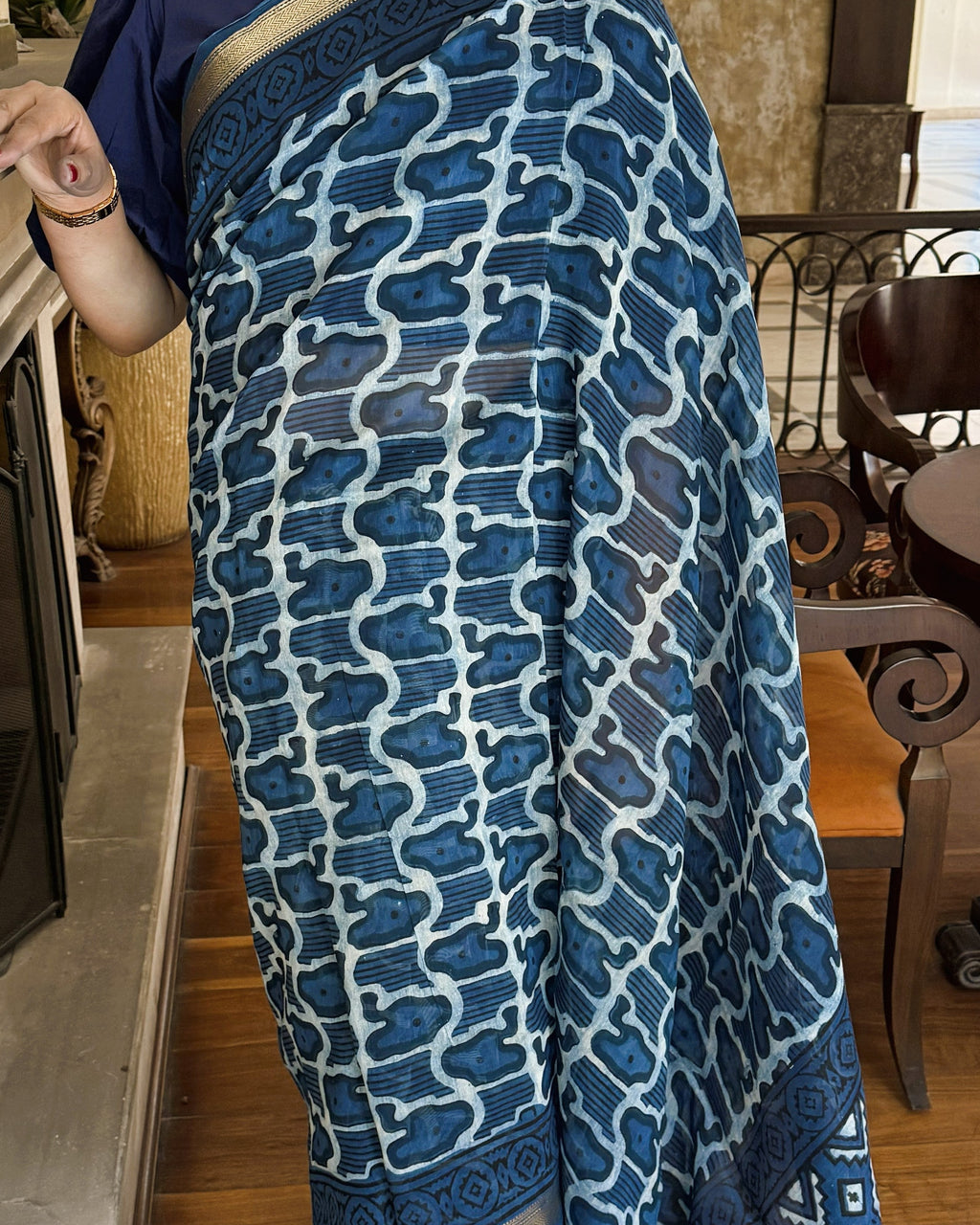 Versalia ink blue Maheshwari Chanderi silk handblock print saree closeup look