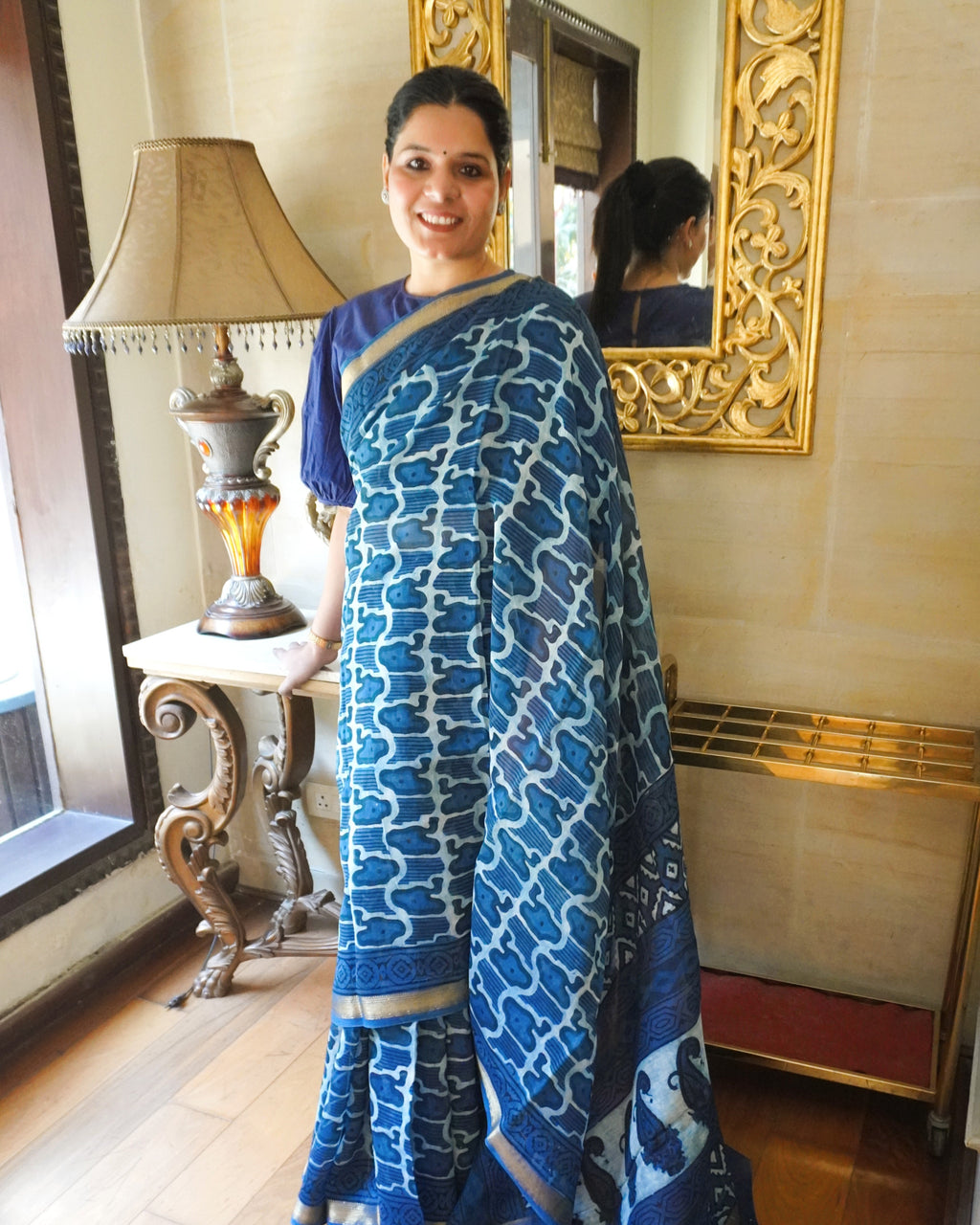 Versalia ink blue Maheshwari Chanderi silk handblock print saree front view