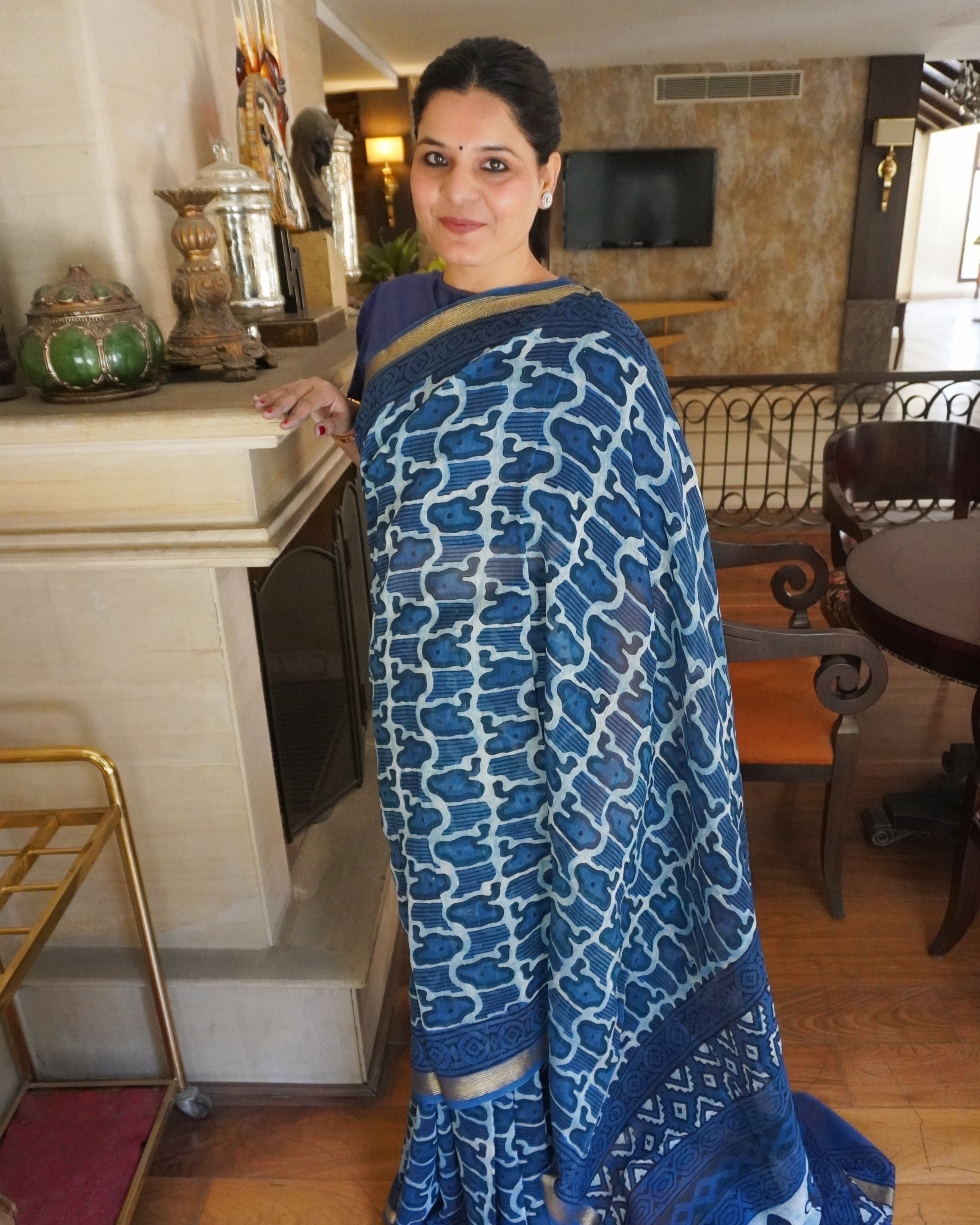 Versalia ink blue Maheshwari Chanderi silk handblock print saree front view