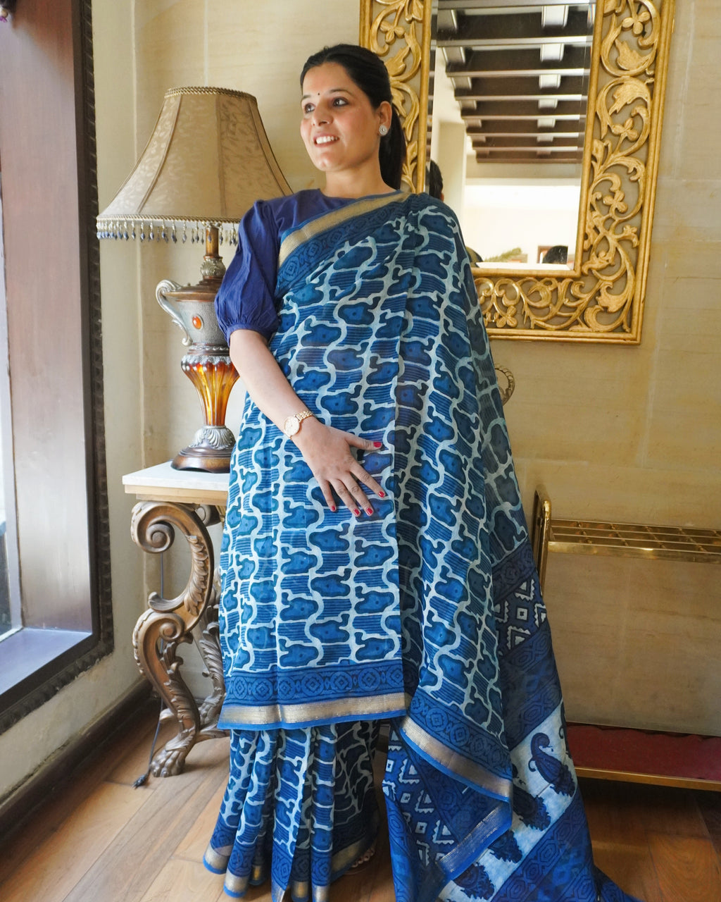 Versalia ink blue Maheshwari Chanderi silk handblock print saree front view