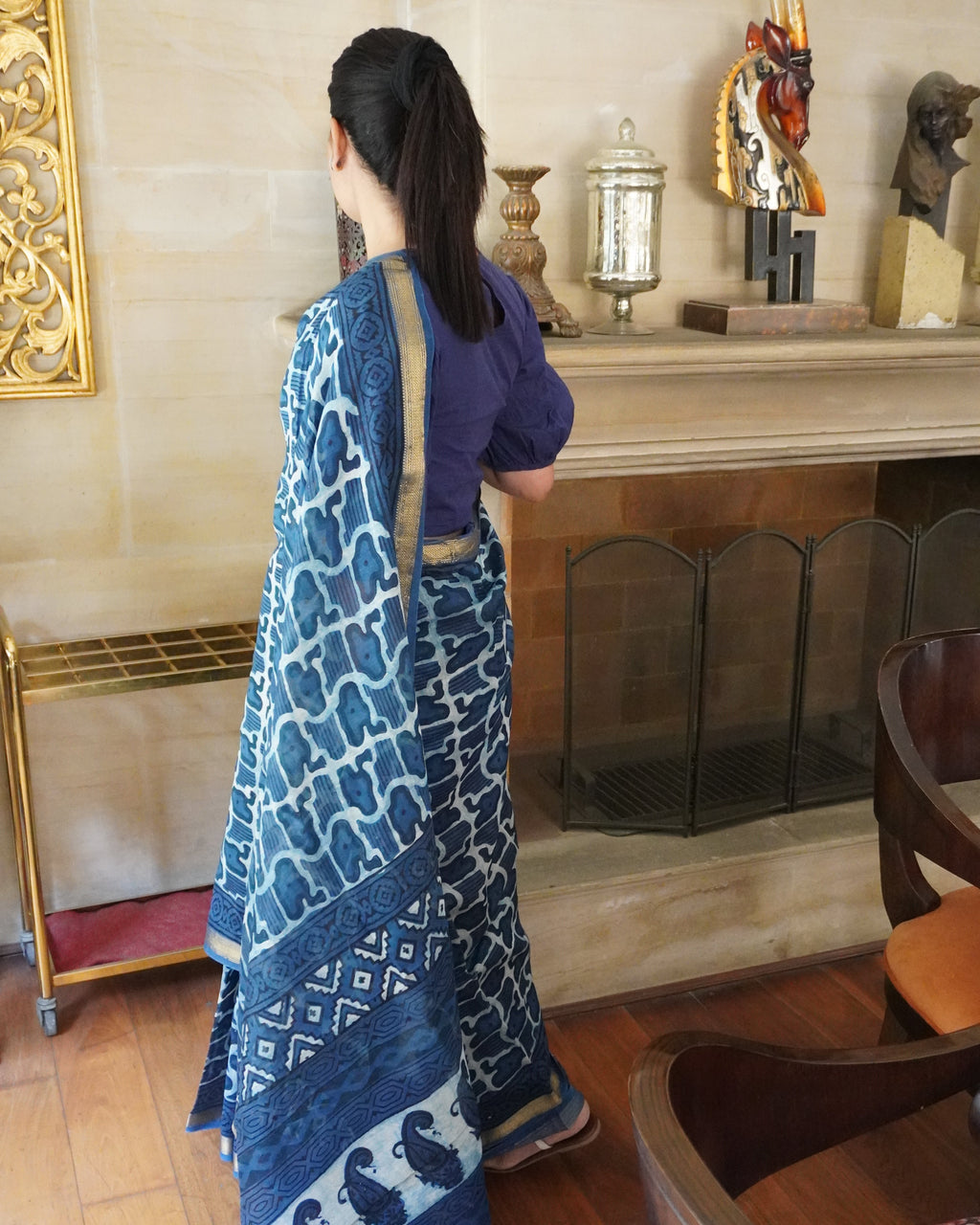 Versalia ink blue Maheshwari Chanderi silk handblock print saree side drape view