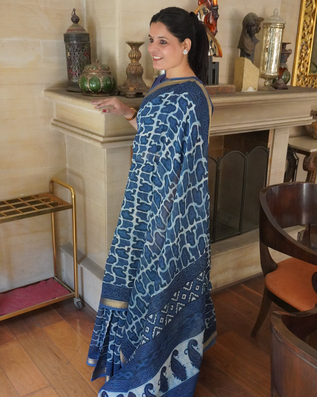 Versalia ink blue Maheshwari Chanderi silk handblock print saree side view