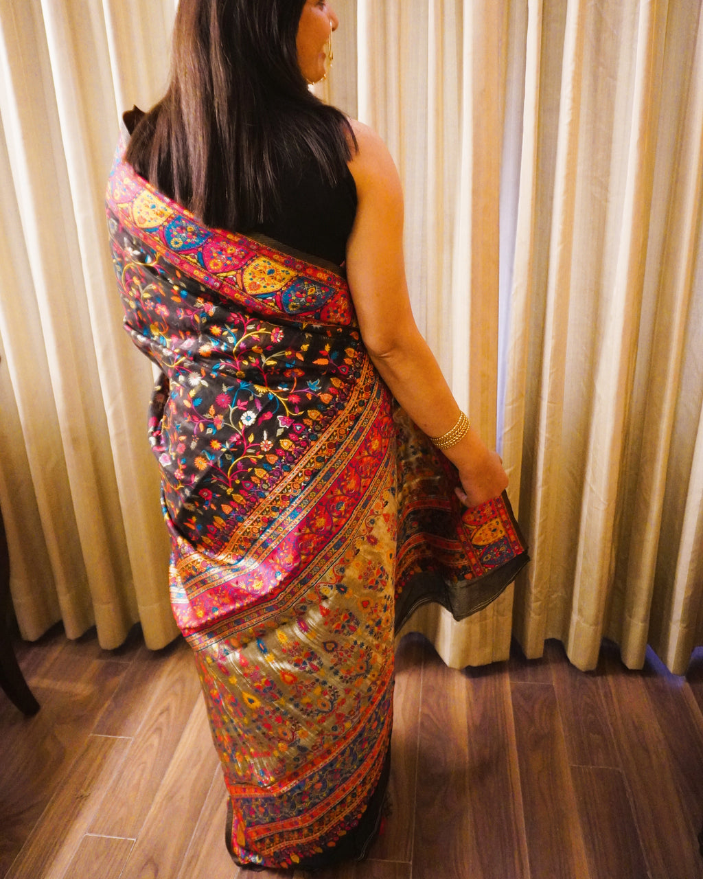Versalia raven black Kashmiri handloom Jamewar saree back view