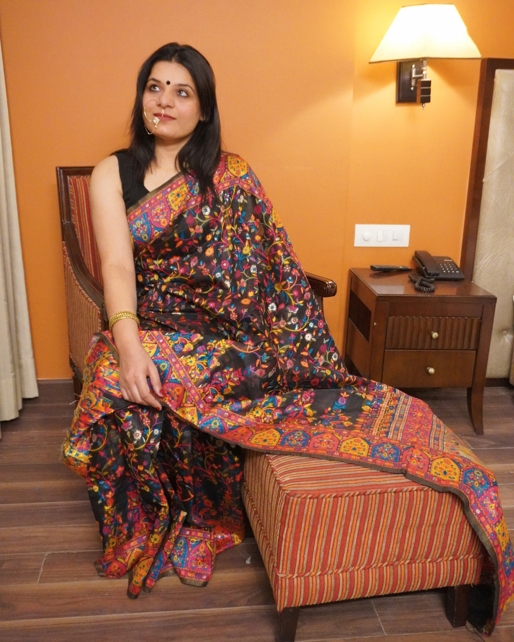 Versalia raven black Kashmiri handloom Jamewar saree front view