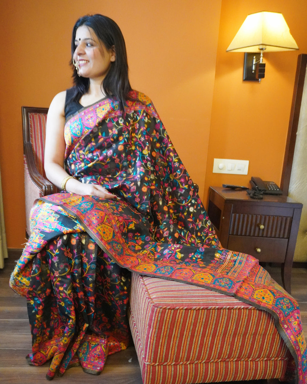 Versalia raven black Kashmiri handloom Jamewar saree side drape view