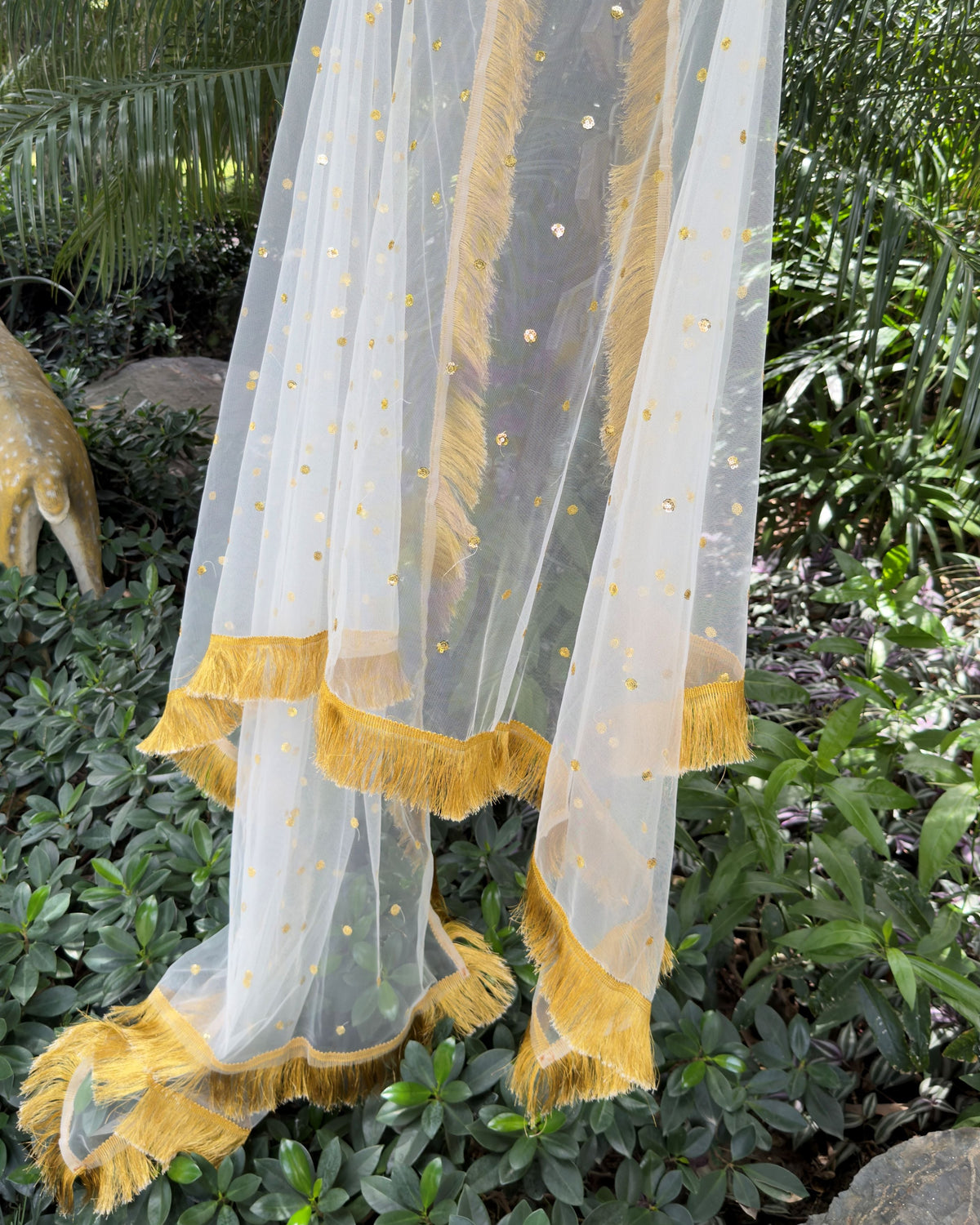White golden net dupatta for festive and wedding wear