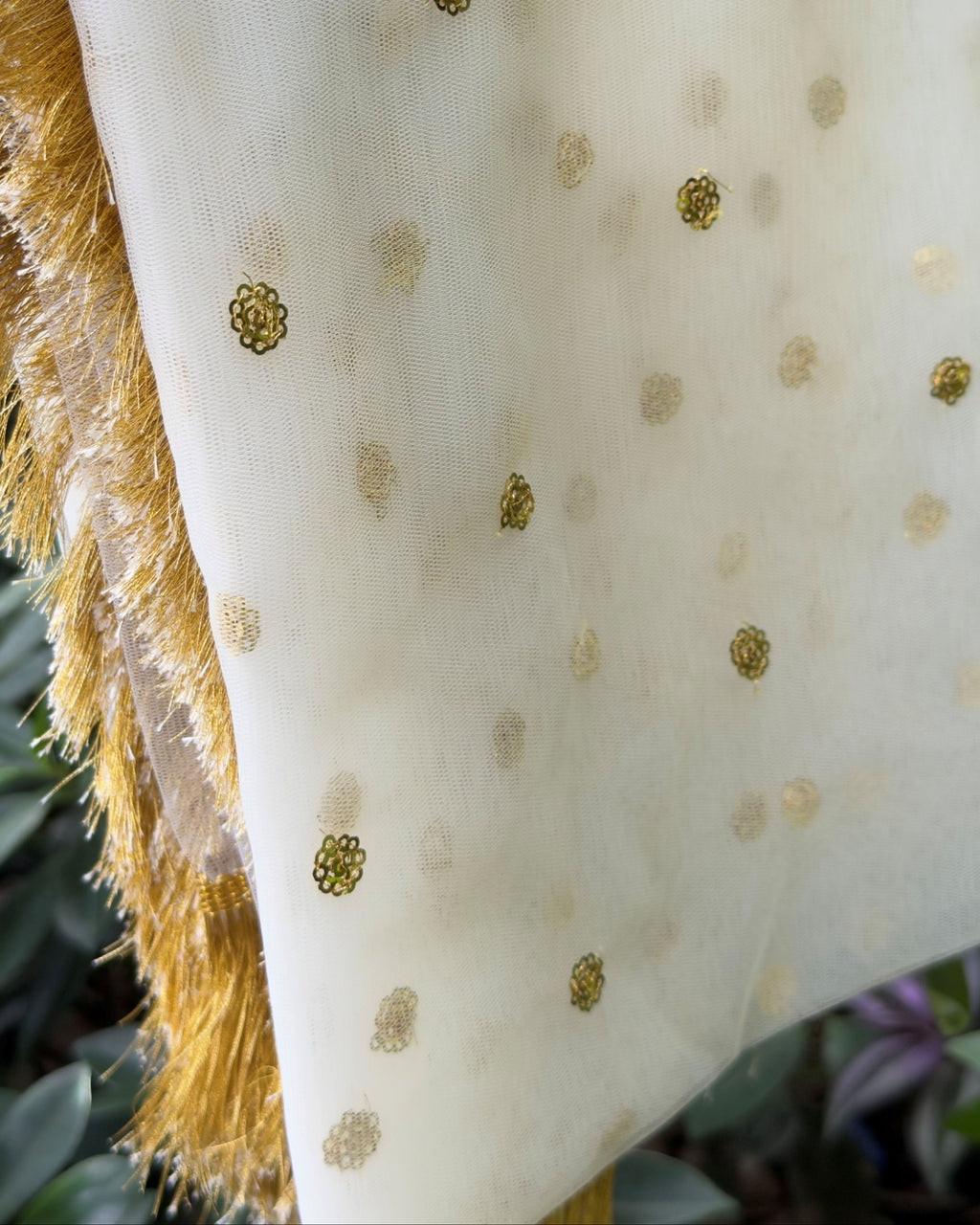 White golden embellished net dupatta with decorative border