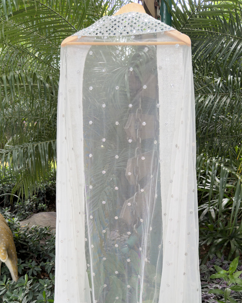 White and silver mirror work dupatta for festive and wedding wear