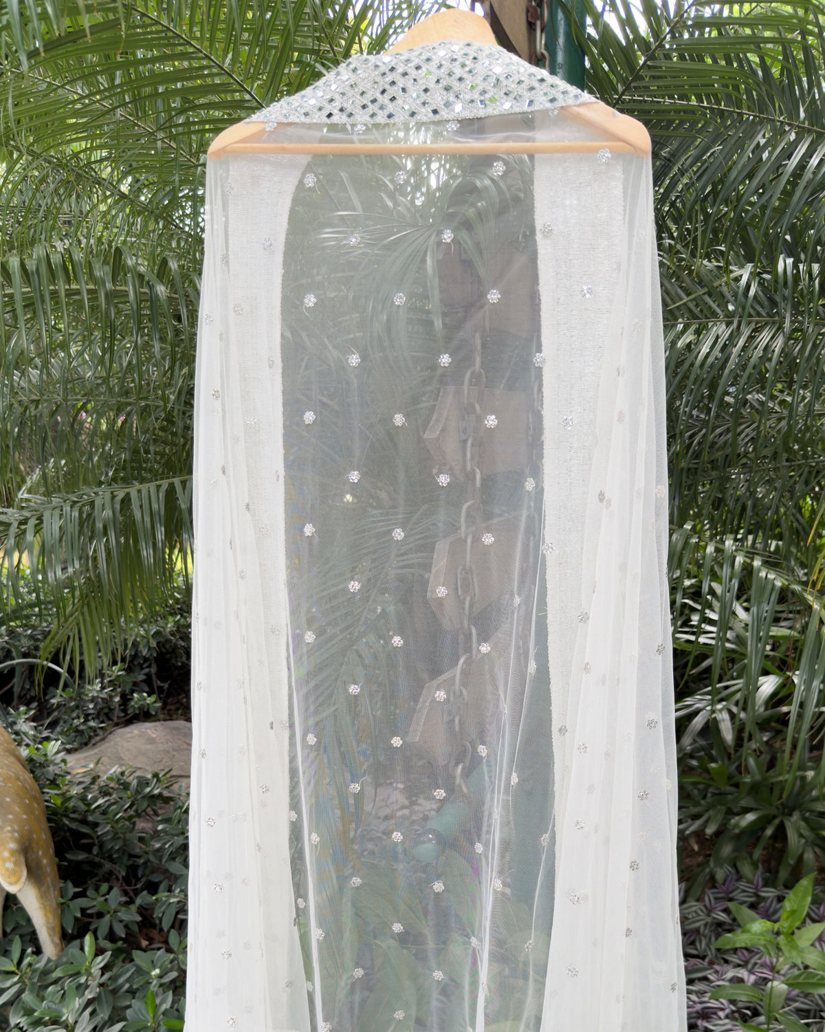 White and silver mirror work dupatta for festive and wedding wear