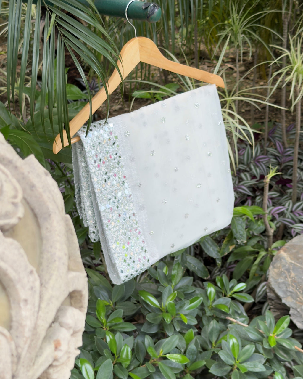White silver embellished net dupatta with mirror work detailing